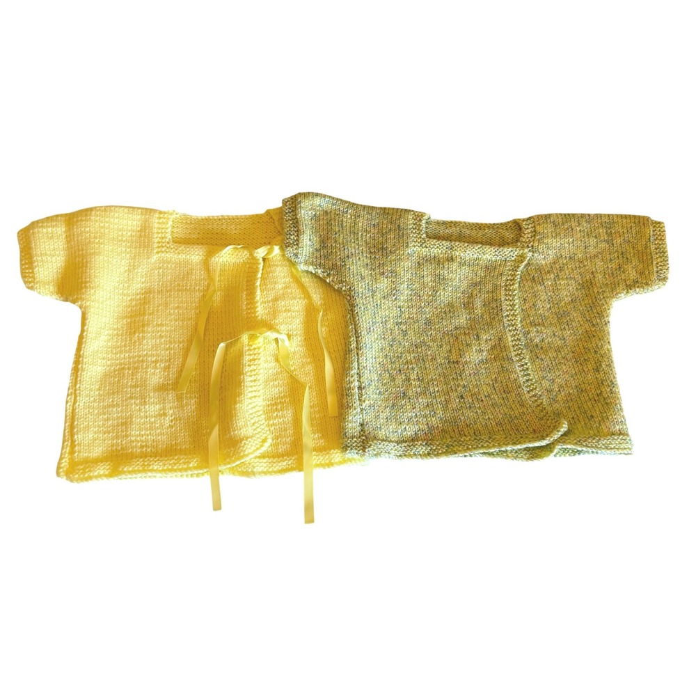 2 Handmade Knit Baby Smock Sweater Set Yellow & Multicolor Wrap Cardigans VTG